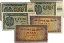 SPANISH BANK NOTES: ESTADO ESPAÑOL
Lote 5 billetes 100 Pesetas. 1936 (3), 1938 (2). Catedral de Burgos Series D, M, Q y Casa del Cordón Serie F. A EX...