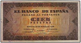 SPANISH BANK NOTES: ESTADO ESPAÑOL
100 Pesetas. 20 Mayo 1938. Casa del Cordón. Serie A. Ed-432. SC-.