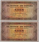 SPANISH BANK NOTES: ESTADO ESPAÑOL
Lote 2 billetes 100 Pesetas. 20 Mayo 1938. Casa del Cordón. Serie C. Pareja correlativa. (Arrugas de impresión). E...