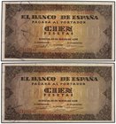 SPANISH BANK NOTES: ESTADO ESPAÑOL
100 Pesetas. 20 Mayo 1938. Casa del Cordón. Serie C. Pareja correlativa. Ed-432a. EBC.