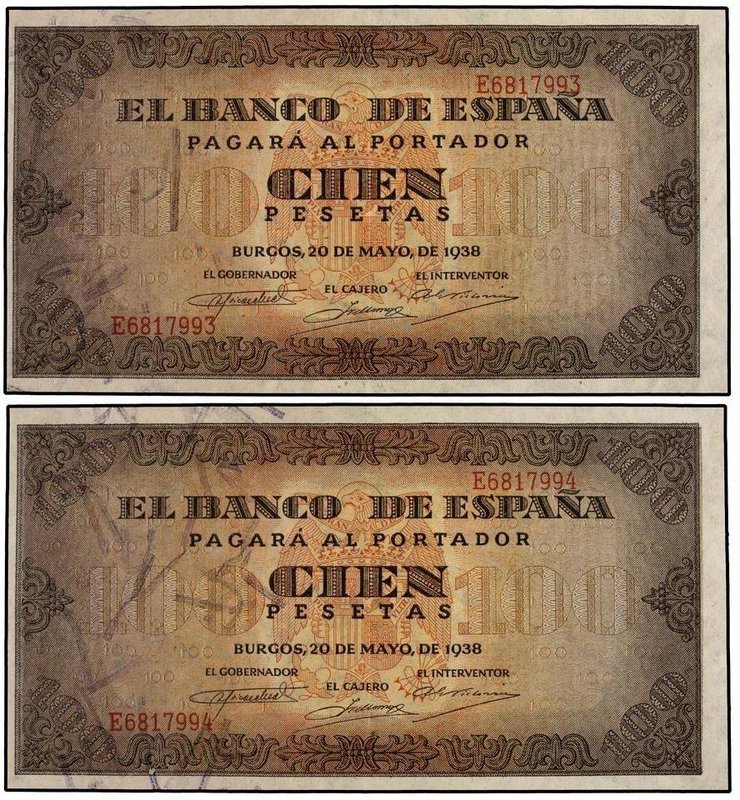 SPANISH BANK NOTES: ESTADO ESPAÑOL
Lote 2 billetes 100 Pesetas. 20 Mayo 1938. C...