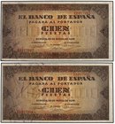 SPANISH BANK NOTES: ESTADO ESPAÑOL
Lote 2 billetes 100 Pesetas. 20 Mayo 1938. Casa del Cordón. Serie E. Pareja correlativa. Ed-432a. EBC.