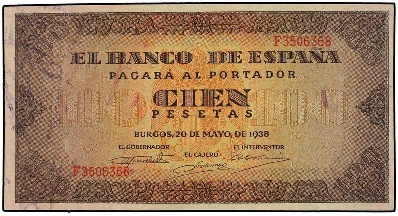 SPANISH BANK NOTES: ESTADO ESPAÑOL
100 Pesetas. 20 Mayo 1938. Casa del Cordón. ...