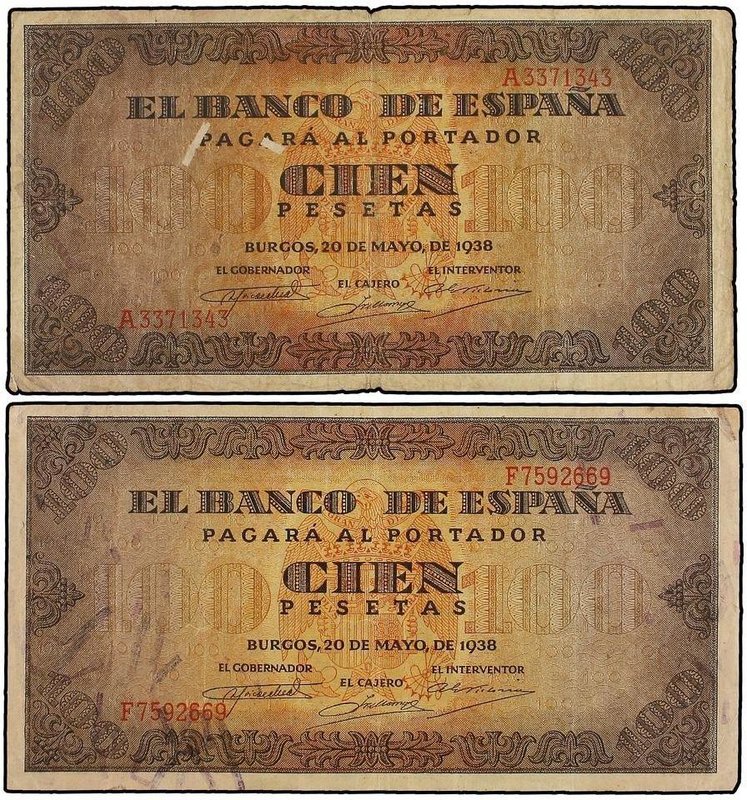 SPANISH BANK NOTES: ESTADO ESPAÑOL
Lote 2 billetes 100 Pesetas. 20 Mayo 1938. C...