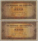 SPANISH BANK NOTES: ESTADO ESPAÑOL
Lote 2 billetes 100 Pesetas. 20 Mayo 1938. Casa del Cordón. Series A y F. Ed-432a. MBC- a MBC.