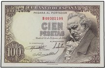 SPANISH BANK NOTES: ESTADO ESPAÑOL
100 Pesetas. 19 Febrero 1946. Goya. Serie B. Precintado y garantizado por ICG (nº 20150126P15897N18925) como UNCIR...