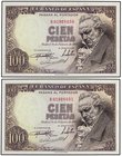 SPANISH BANK NOTES: ESTADO ESPAÑOL
Lote 2 billetes 100 Pesetas. 19 Febrero 1946. Goya. Serie B. Pareja correlativa. (Levísima arruguita en margen). E...