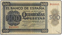 SPANISH BANK NOTES: ESTADO ESPAÑOL
500 Pesetas. 21 Noviembre 1936. Catedral de Salamanca. Ed-422a. MBC+.