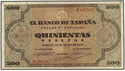 SPANISH BANK NOTES: ESTADO ESPAÑOL
500 Pesetas. 20 Mayo 1938. Catedral de Santiago. Ed-433. MBC+.