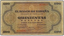 SPANISH BANK NOTES: ESTADO ESPAÑOL
500 Pesetas. 20 Mayo 1938. Catedral de Santiago. (Leves roturitas en margenes). Ed-433. MBC-.