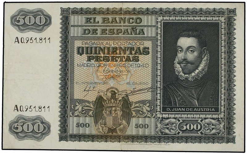 SPANISH BANK NOTES: ESTADO ESPAÑOL
500 Pesetas. 9 Enero 1940. Juan de Austria. ...