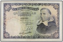 SPANISH BANK NOTES: ESTADO ESPAÑOL
500 Pesetas. 19 Febrero 1946. Francisco de Vitoria. (Reparaciones). Ed-452. MBC.