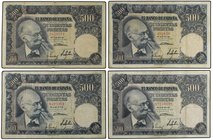 SPANISH BANK NOTES: ESTADO ESPAÑOL
Lote 4 billetes 500 Pesetas. 15 Noviembre 1951. Benlliure. Sin serie (3) y serie A . Ed-460 (3), 460A. MBC- a MBC....