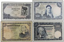 SPANISH BANK NOTES: ESTADO ESPAÑOL
Lote 4 billetes 500 Pesetas. 1946, 1951, 1954 y 1971. Francisco de Vitoria, Benlliure Serie A, Zuloaga Serie U y V...