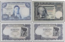 SPANISH BANK NOTES: ESTADO ESPAÑOL
Lote 4 billetes 500 Pesetas. 1951, 1954, 1971. Benlliure Serie A, Zuloaga Serie H, Verdaguer Sin Serie (2). A EXAM...