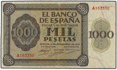 SPANISH BANK NOTES: ESTADO ESPAÑOL
1.000 Pesetas. 21 Noviembre 1936. Alcázar de Toledo. Serie A. (Pequeñas reparaciones). Ed-423. MBC+.