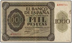 SPANISH BANK NOTES: ESTADO ESPAÑOL
1.000 Pesetas. 21 Noviembre 1936. Alcázar de Toledo. Serie A. (Arruguitas). Ed-423. MBC+.