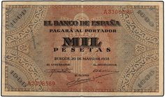 SPANISH BANK NOTES: ESTADO ESPAÑOL
1.000 Pesetas. 20 Mayo 1938. Púlpito de San Agustín. (Pequeñas roturitas en margen). Ed-434. MBC+.