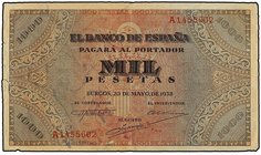 SPANISH BANK NOTES: ESTADO ESPAÑOL
1.000 Pesetas. 20 Mayo 1938. Púlpito de San Agustín. (Pequeñas roturas). Ed-434. MBC-.