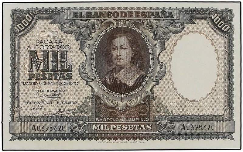 SPANISH BANK NOTES: ESTADO ESPAÑOL
1.000 Pesetas. 9 Enero 1940. Murillo. (2 Peq...