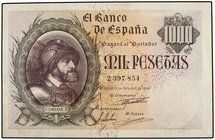 SPANISH BANK NOTES: ESTADO ESPAÑOL
1.000 Pesetas. 21 Octubre 1940. Carlos I. (Pequeñas reparaciones). Ed-445. EBC-.