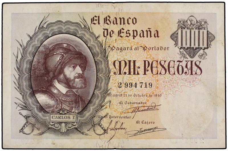 SPANISH BANK NOTES: ESTADO ESPAÑOL
1.000 Pesetas. 21 Octubre 1940. Carlos I. (P...