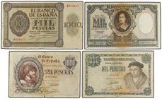 SPANISH BANK NOTES: ESTADO ESPAÑOL
Lote 4 billetes 1.000 Pesetas. 1936 a 1946. Alcázar de Toledo Serie B, Murillo, Carlos I, Luis Vives. A EXAMINAR. ...