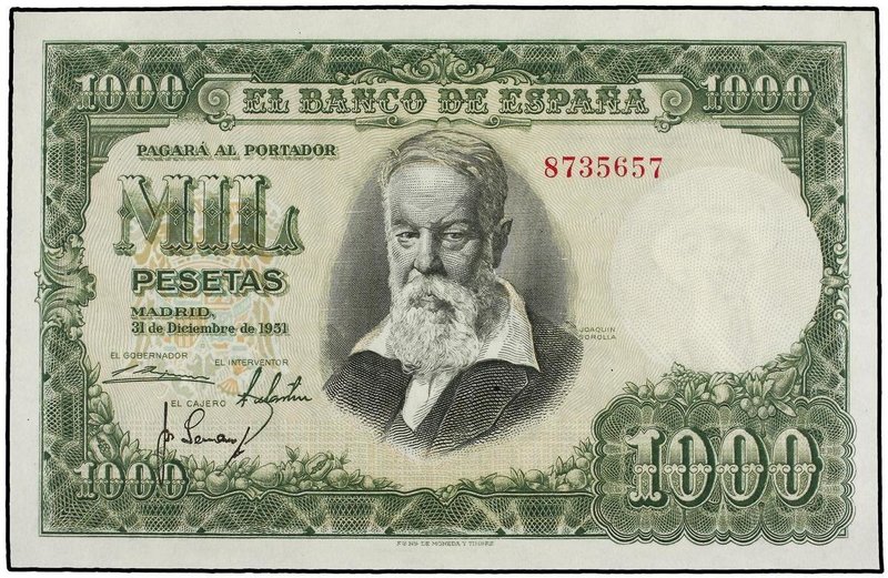 SPANISH BANK NOTES: ESTADO ESPAÑOL
1.000 Pesetas. 31 Diciembre 1951. Sorolla. S...