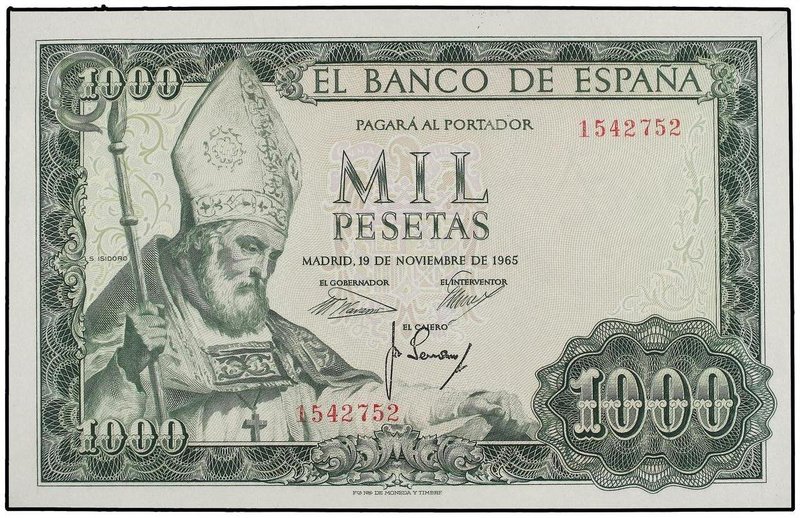 SPANISH BANK NOTES: ESTADO ESPAÑOL
1.000 Pesetas. 19 Noviembre 1965. San Isidor...