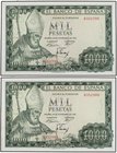 SPANISH BANK NOTES: ESTADO ESPAÑOL
Lote 2 billetes 1.000 Pesetas. 19 Noviembre 1965. San Isidoro. Sin Serie. Pareja correlativa. (Uno con manchita en...