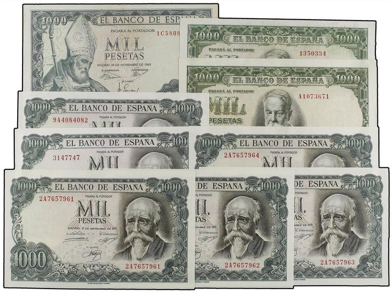 SPANISH BANK NOTES: ESTADO ESPAÑOL
Lote 9 billetes 1.000 Pesetas. 1951(2), 1965...