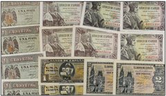 SPANISH BANK NOTES: ESTADO ESPAÑOL
Lote 14 billetes 1 (12) y 2 Pesetas (2). 1938 a 1945. 1 Peseta 28 Febrero 1938 Series A (SC) y G (MBC), 30 Abril 1...