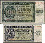 SPANISH BANK NOTES: ESTADO ESPAÑOL
Lote 2 billetes 25 y 100 Pesetas. 21 Noviembre 1936. Serie L y X. (Leve arruguita). Ed-419a, 421a. SC.