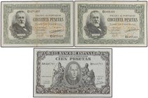 SPANISH BANK NOTES: ESTADO ESPAÑOL
Lote 3 billetes 50 (2) y 100 Pesetas. 9 Enero 1940. Menéndez y Pelayo Serie C (2), Colón Serie A. A EXAMINAR. Ed-4...