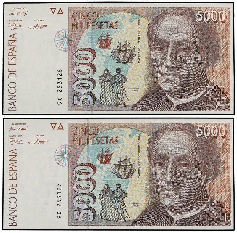 SPANISH BANK NOTES: JUAN CARLOS I
Lote 2 billetes 5.000 Pesetas. 12 Octubre 199...