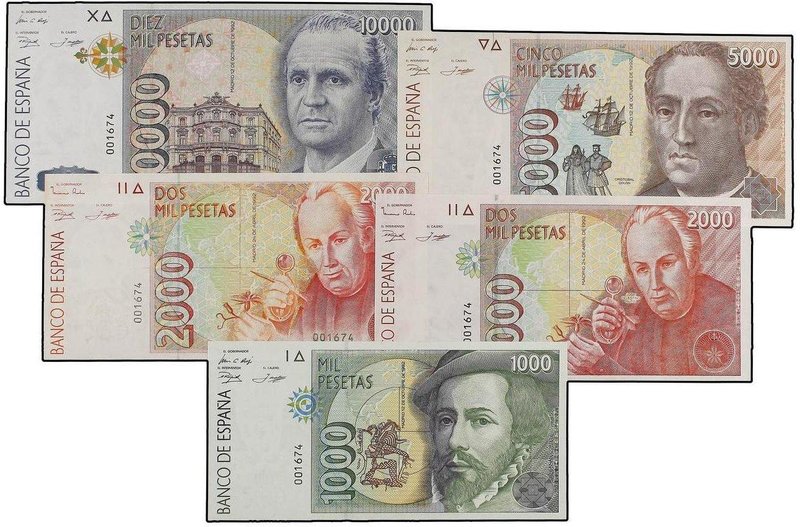 SPANISH BANK NOTES: JUAN CARLOS I
Lote 5 billetes 1.000, 2.000 (2), 5.000 y 10....