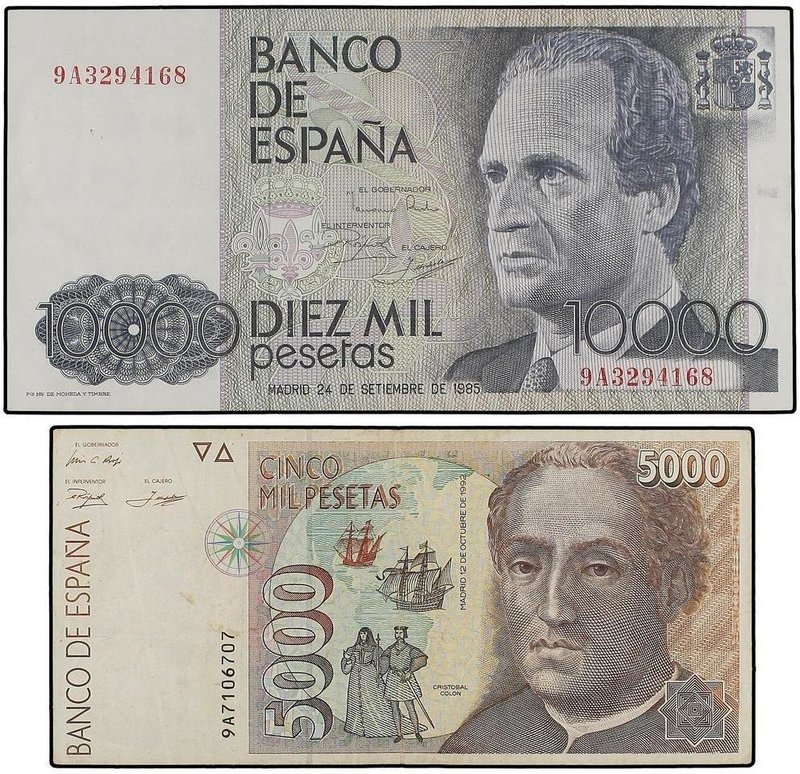 SPANISH BANK NOTES: JUAN CARLOS I
Lote 2 billetes 5.000 y 10.000 Pesetas. 12 Oc...