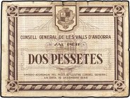 SPANISH BANK NOTES: SPANISH OVERSEAS ISSUES AND ANDORRA
2 Pessetes. 19 Diciembre 1936. CONSELL GENERAL DE LES VALLS D´ANDORRA. Emisión marrón. (Múlti...