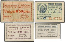 PAPER MONEY OF THE CIVIL WAR: CATALUNYA
Lote 4 billetes 0,10, 0,25, 0,50 Pessetes y 25 Cèntims. Municipi d´ARBUCIES (1) y Aj. D´ARBUCIES. Papel y car...