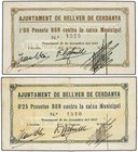 PAPER MONEY OF THE CIVIL WAR: CATALUNYA
Lote 2 billetes 0,25 y 1 Pesseta. 31 desembre 1937. Aj. de BELLVER DE CERDANYA. ESCASOS. AT-393, 394. EBC- y ...