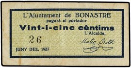PAPER MONEY OF THE CIVIL WAR: CATALUNYA
25 Cèntims. Juny 1937. Aj. de BONASTRE. RARO. AT-477. EBC-.