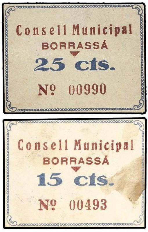 PAPER MONEY OF THE CIVIL WAR: CATALUNYA
Lote 2 billetes 15, 25 Cèntims. C.M. de...