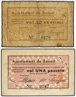 PAPER MONEY OF THE CIVIL WAR: CATALUNYA
Lote 2 billetes 50 Cèntims y 1 Pesseta. Juliol 1937. Aj. de BOSOST. RAROS. AT-506, 507. BC a MBC+.