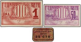 PAPER MONEY OF THE CIVIL WAR: CATALUNYA
Lote 3 billetes 25, 50 Cèntims y 1 Pesseta. Setembre 1937. Aj. del BRUCH. Uno cartón. AT-539/541. EBC- a EBC+...