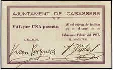 PAPER MONEY OF THE CIVIL WAR: CATALUNYA
1 Pesseta. Febrer 1937. Aj. de CABASSERS. AT-547a. SC.