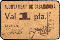 PAPER MONEY OF THE CIVIL WAR: CATALUNYA
1 Pesseta. Aj. de CABANABONA. Cartón. MUY RARO. AT-550. MBC-.