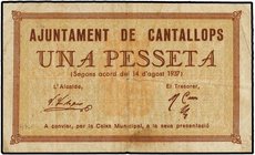 PAPER MONEY OF THE CIVIL WAR: CATALUNYA
1 Pesseta. 14 Agost 1937. Aj. de CANTALLOPS. MUY RARO. AT-645a. MBC.