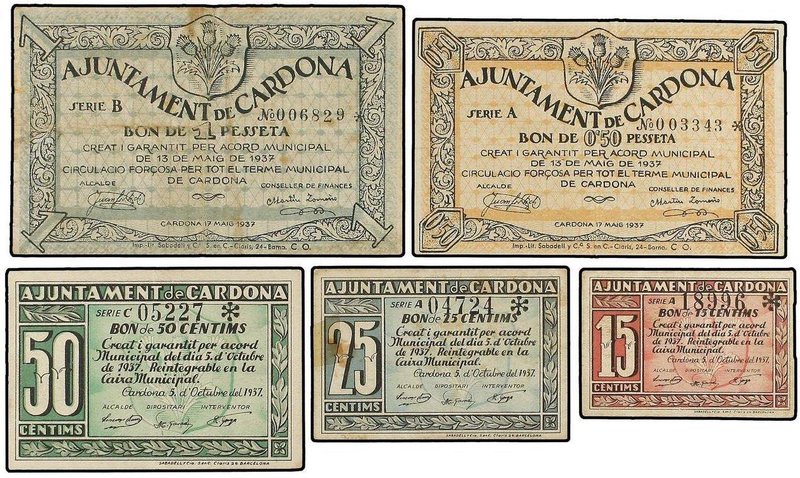 PAPER MONEY OF THE CIVIL WAR: CATALUNYA
Lote 5 billetes 15, 25, 50 Cèntims, 0,5...