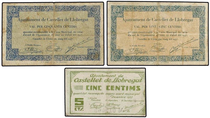 PAPER MONEY OF THE CIVIL WAR: CATALUNYA
Lote 3 billetes 5, 25 y 50 Cèntims. 193...