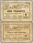 PAPER MONEY OF THE CIVIL WAR: CATALUNYA
Lote 2 billetes 25 Cèntims y 1 Pesseta. 30 Abril 1937. Aj. de CASTELLVÍ DE LA MARCA. AT-780, 782. MBC- y MBC....